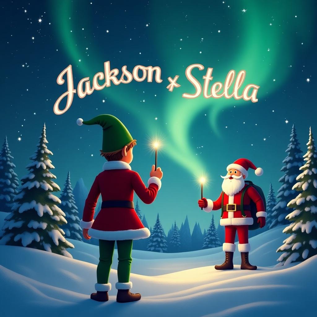 Elf facing sky with back to viewer. Elf uses wand to write names Jackson and Stella in the sky. Magical Christmas scene with northern lights and Santa Claus.