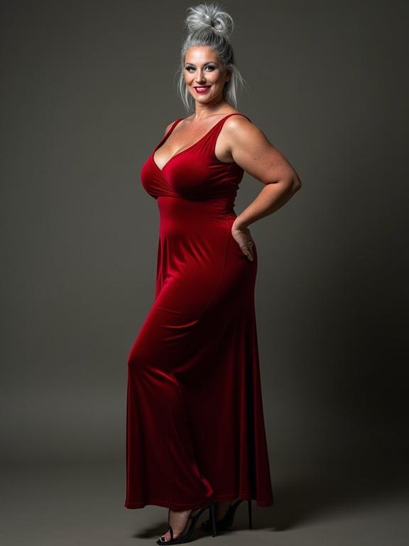 A confident mature woman poses elegantly in a red velvet dress. She has high silver hair in a bun, pale skin with freckles, and showcases a curvy figure. The dress is fitted, highlighting her thick thighs and wide hips. She wears stiletto heels, exuding elegance suitable for a gala.