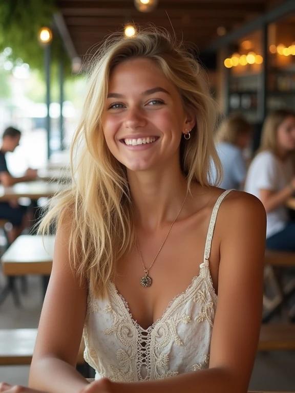 A young woman enjoys a coffee at an outdoor cafe. She wears a sundress and has long blonde hair. The image has a warm and inviting feel, with bright oversaturated colors. Her smile and casual posture reflect a relaxed atmosphere.