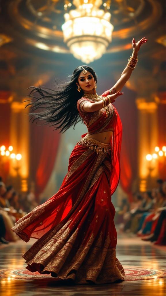 Highly detailed artwork of an Indian classical dancer performing in a royal palace. Full-body view facing the camera gracefully. Dancer wears a red and gold lehenga with intricate embroidery and matching jewelry. Long black hair flows as she moves. Mid-performance with arms raised and body turning towards the viewer. Background features a luxurious palace with ornate red curtains and golden lights, with an audience watching her. Lighting highlights dancer's expression and movement, emphasizing regal and cultural richness.