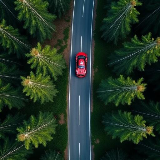 Top down drone shot of a forest with tall trees and a curved road. A red race car is driving in the middle. Tone is dark and green with a slight fade effect.