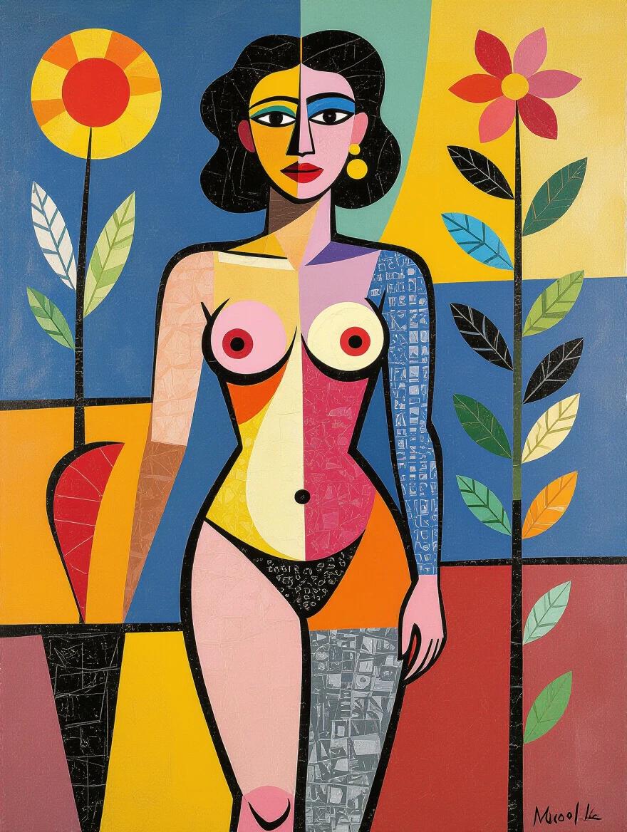 A stylized figure of a woman with a flower and an abstract background in bright colors. Inspiration from Matisse and modern artistic movements. The artwork utilizes mixed media techniques to create a vibrant appearance. The colors are bold and the form is abstract.