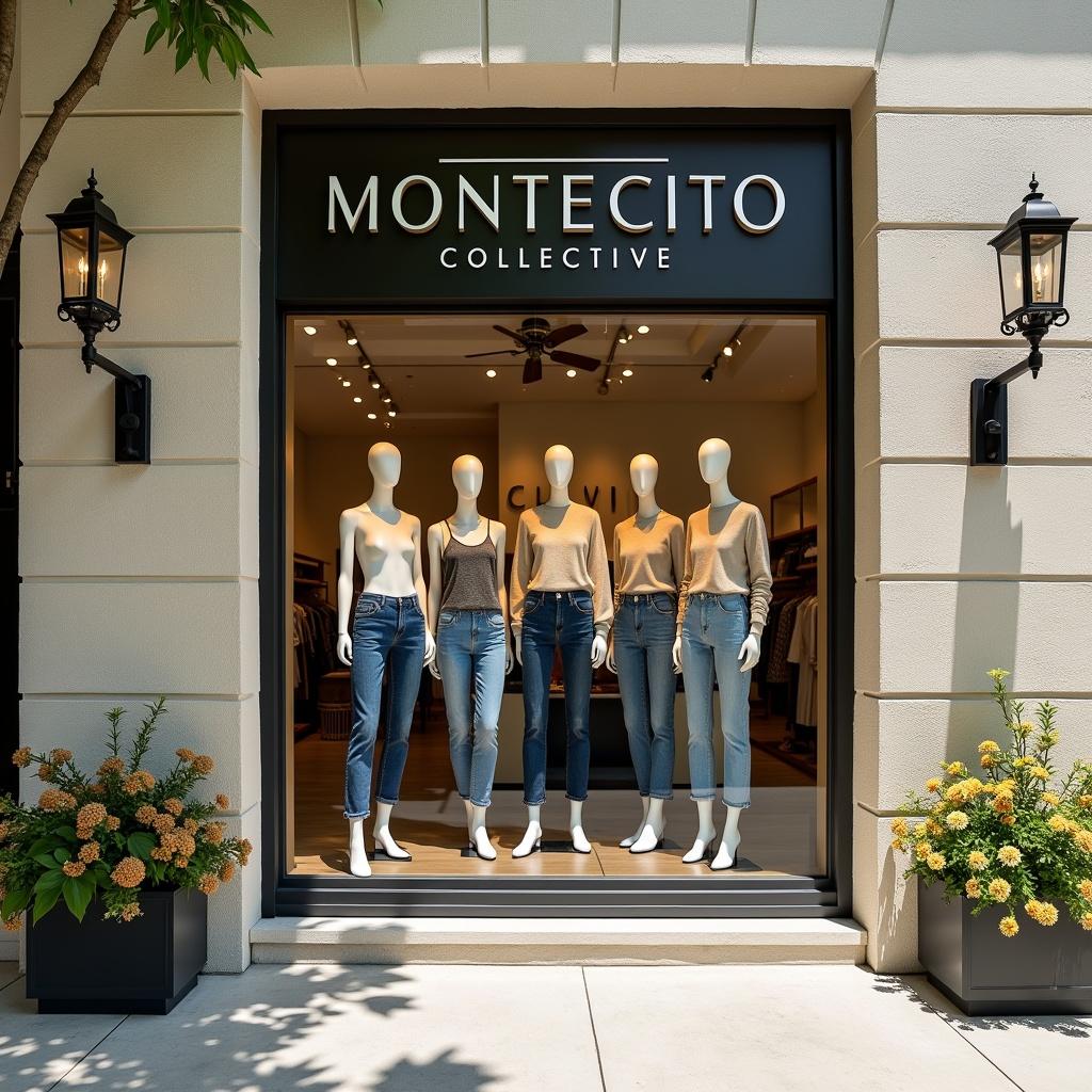 The image depicts a fashionable retail store named 'MONTECITO COLLECTIVE'. In the display window, five mannequins are dressed in various stylish outfits, featuring a 'Cashmere Crew Neck Sweater' and 'LEXI MID RISE BOWED - SATELLITE' jeans. The store has an inviting stucco facade adorned with bright flowers, creating a welcoming atmosphere. Sunlight illuminates the clothing, highlighting the intricate details and making the display very attractive. This scene exemplifies contemporary fashion retail during the daytime.