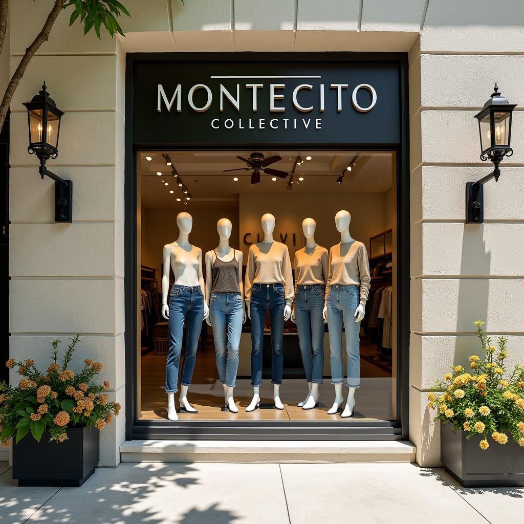 The image depicts a fashionable retail store named 'MONTECITO COLLECTIVE'. In the display window, five mannequins are dressed in various stylish outfits, featuring a 'Cashmere Crew Neck Sweater' and 'LEXI MID RISE BOWED - SATELLITE' jeans. The store has an inviting stucco facade adorned with bright flowers, creating a welcoming atmosphere. Sunlight illuminates the clothing, highlighting the intricate details and making the display very attractive. This scene exemplifies contemporary fashion retail during the daytime.