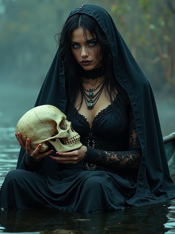 A darkly dressed woman with blue eyes holds a skeletal skull. She sits in a canoe on dark water. The setting is eerie and mystical.