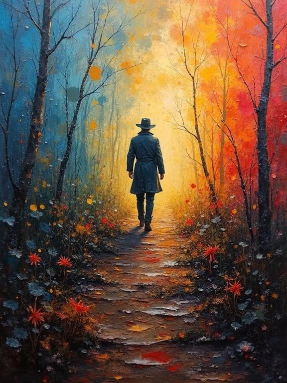 A walking figure on a colorful path through a forest of trees. The background features a gradient of blue and orange colors. Surrounding flowers and foliage add texture and color.