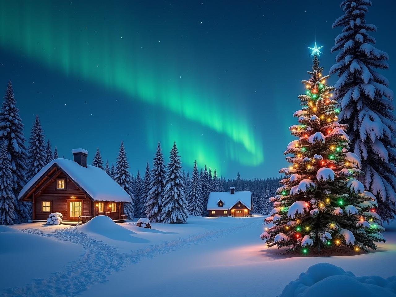 The scene features a serene winter landscape under a starry night sky illuminated by the northern lights. In the foreground, there's a decorated Christmas tree adorned with colorful lights and shiny ornaments. The surrounding area is blanketed in soft, white snow, enhancing the festive atmosphere. Nearby, cozy, warmly lit cottages are nestled among snow-covered fir trees. The overall ambiance is peaceful and magical, perfect for the holiday season.