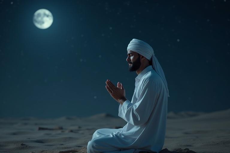 A man dressed in white Islamic clothing with a turban sits alone under a starry night sky. He has tears on his face and hands raised in prayer. His eyes are closed in pain and submission. Moonlight illuminates his emotional face. The background features a quiet desert or mosque courtyard. The scene is deeply spiritual and features a realistic 3D style.
