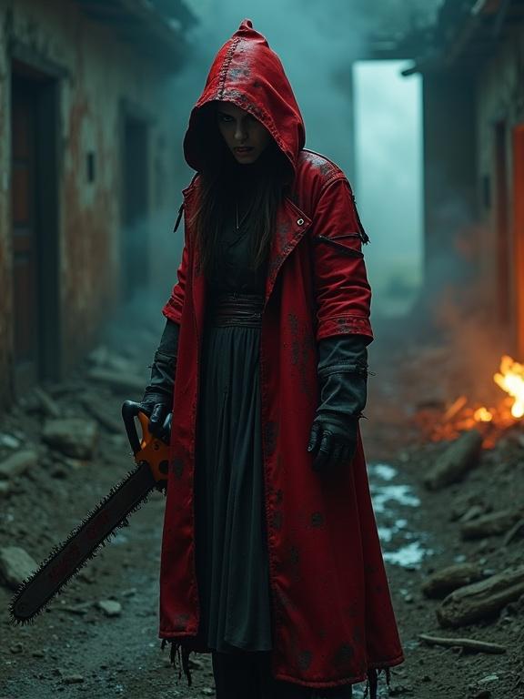 Dark fantasy version of Red Riding Hood. Character stands in destroyed house at midnight. Holds chainsaw. Cloak is torn and stained with soot. No shoes. Background is smoky. Firelight casts reflections. Expression is fierce and vengeful. Lighting is gothic. Style combines horror and fairytale elements. Details are photorealistic. Composition has a cinematic quality.