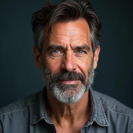 Hombre maduro de 40 años con ojos azules y barba de dos días. Posee una sonrisa perfecta. La imagen muestra un retrato.
