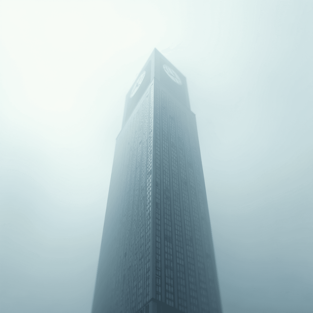 A tall skyscraper emerges through a thick mist, obscuring its upper stories.