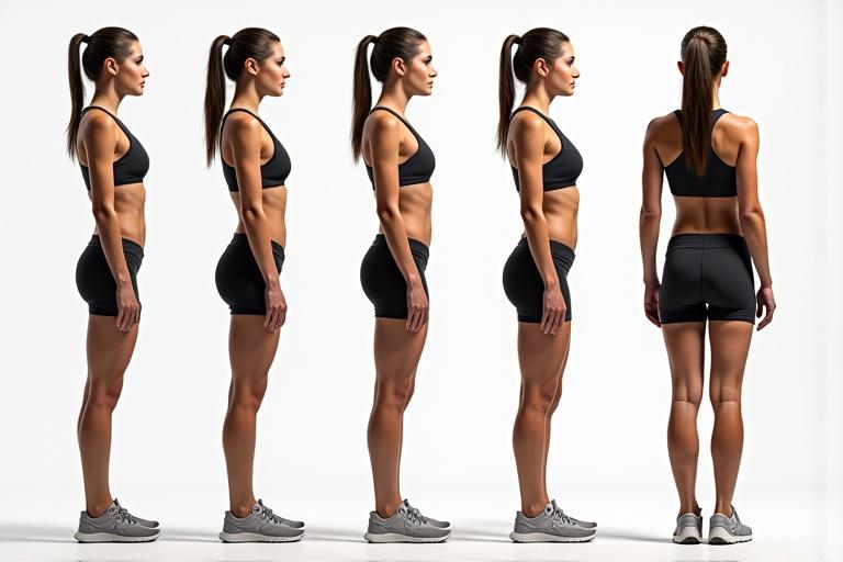 Athletic woman in tight shorts standing in multiple angles. Slim body with noticeable muscle tone. Upright posture with natural curvature of the spine. Height is 1.72 m and weight is 56 kg. Body measurements for bust waist and hips provided. Minimal imperfections on skin. Dark brown hair. Oval face with defined features. Slightly posed body showing fitness level and form.