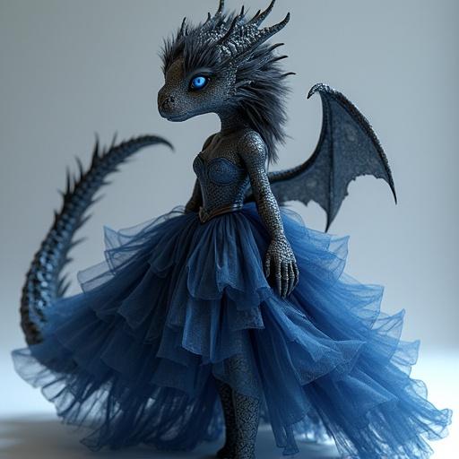A character design featuring a girl that is a mix of dragon and human. The character has black hair and striking blue eyes. She wears an elegant dress made of blue tulle. The character displays dragon-like features with a furry face, furry arms, and furry legs adorned with scales and elegant wings. Standing gracefully, the atmosphere is enchanting and surreal.