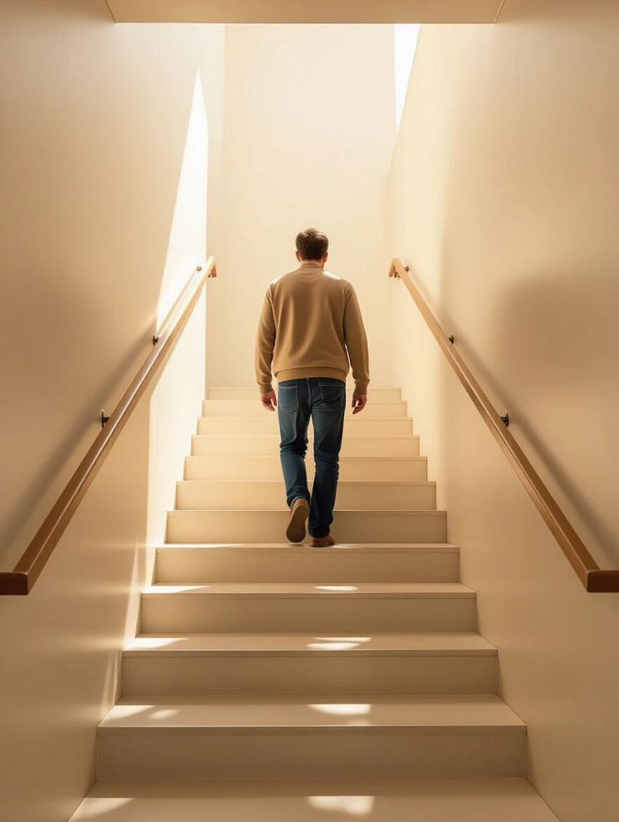 Person ascends stairs at a steady pace. Each step appears brighter. Natural light floods in through an upper opening. Photorealistic presentation. Warm colors create a gradient effect. Represents a metaphor for personal progress in conceptual photography.
