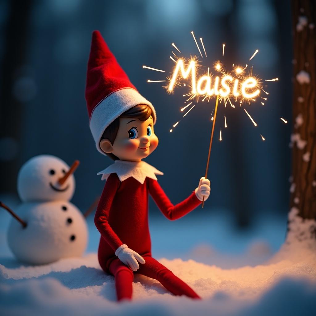 Elf on the Shelf character in red outfit holding sparkler in a snowy woodland. Name Maisie written in glowing letters. Snowman nearby. Warm glow against blue sky at night.