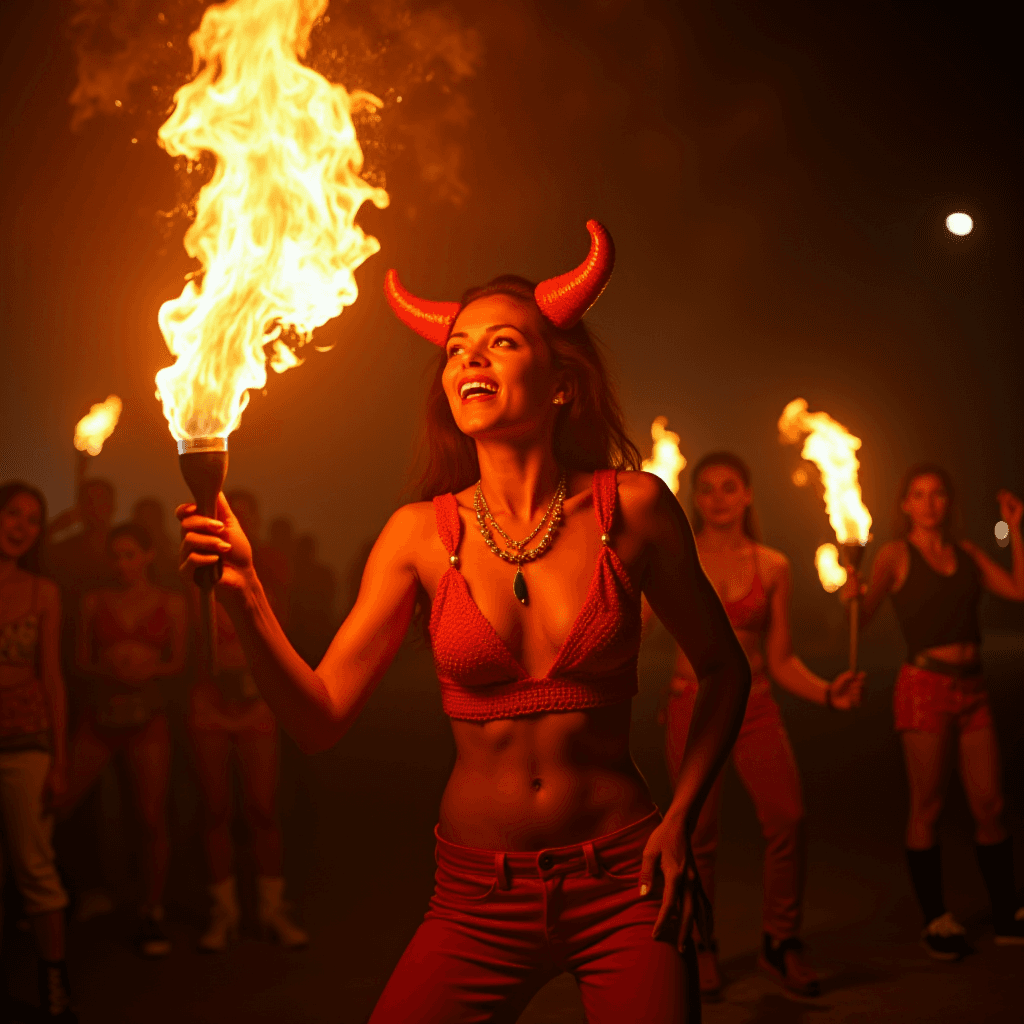 A woman with red horns holds a flaming torch, surrounded by others carrying torches at night.