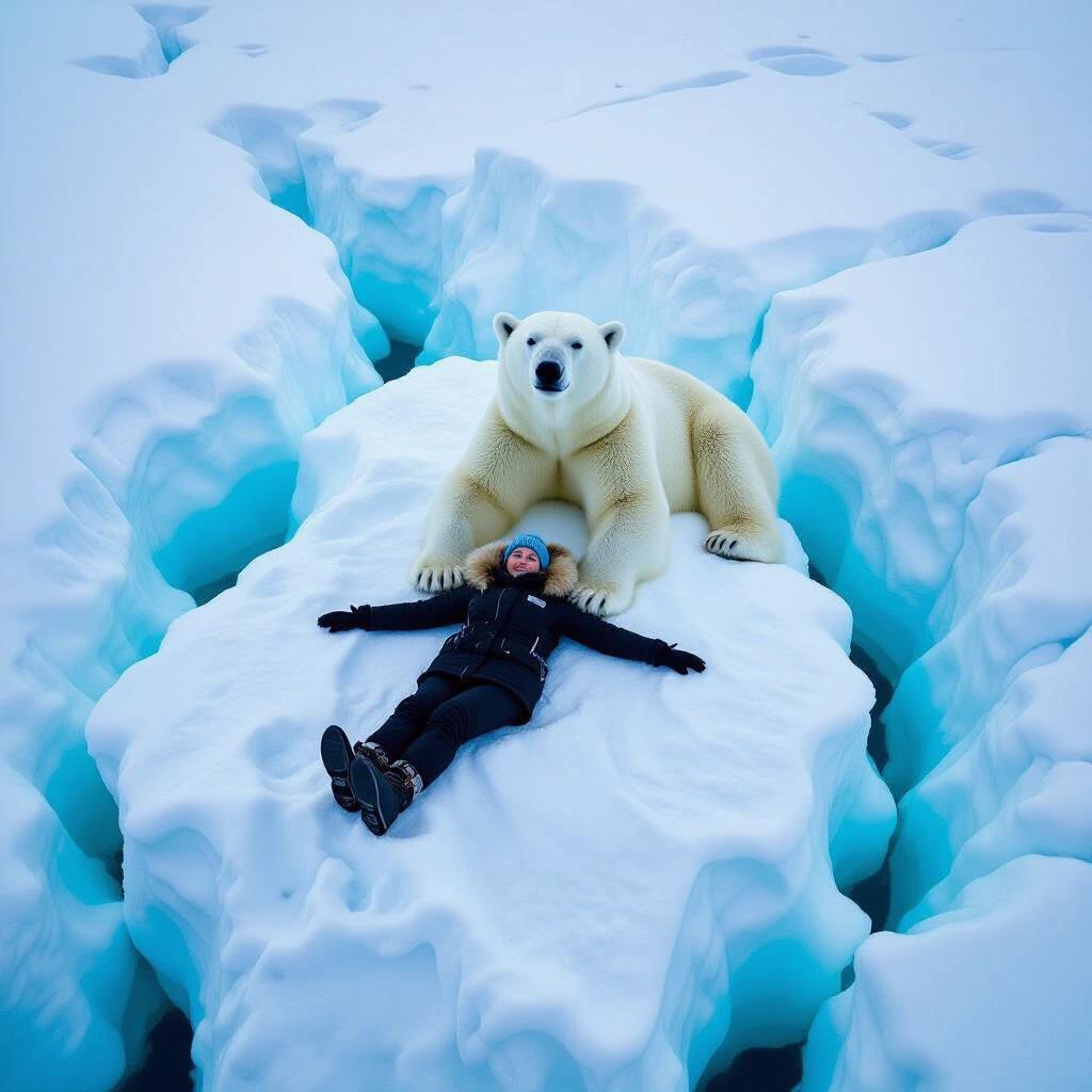 A woman lays on an Antarctic ice sheet with a polar bear beside her. The scene depicts the vast icy landscape. The bear is alert and curious. The woman is relaxed with arms spread out. Bright blue ice surrounds them. Natural light enhances the icy texture. 