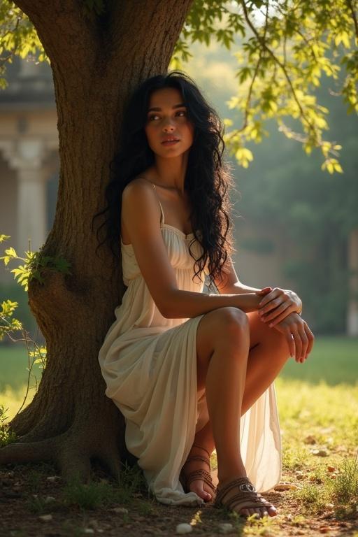 Attractive Mediterranean woman with long black hair in a Roman tunic. Resting in tree shade in a Roman garden. Sunlight filters through branches.