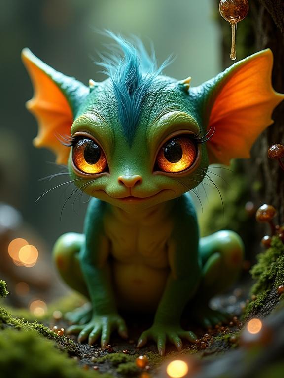Small magical creature in enchanted forest. Mossy green skin, huge amber-orange eyes, large bat-like ears. Wispy blue hair, slender body, sitting in hollow tree. Dews and sap hang in warm light. Quiet and reflective mood.