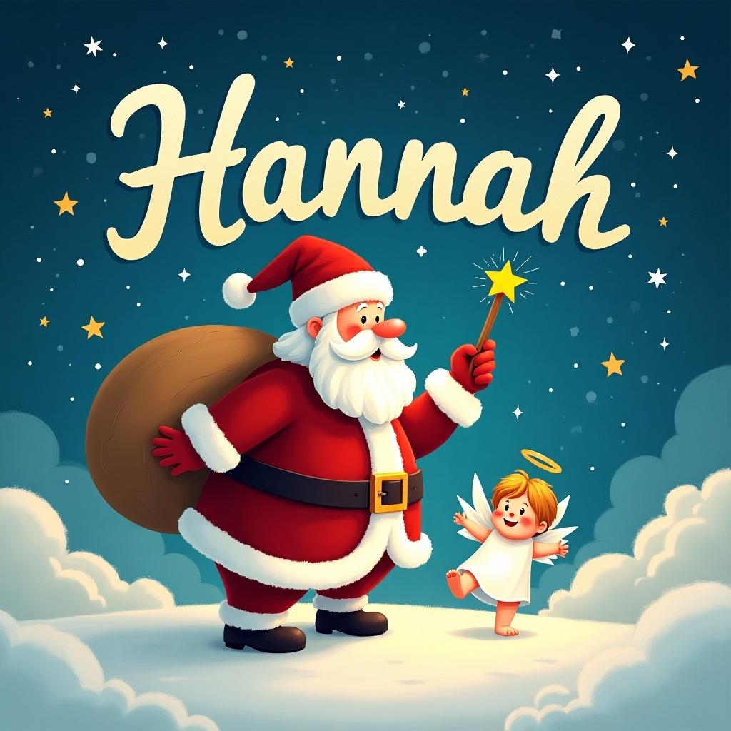 The image depicts Father Christmas wearing a red suit, joyfully writing the name 'Hannah' in the starry night sky. Beside him, a baby angel with a halo dances with a sparkle in her hand. The scene is set against a beautiful blue background filled with soft clouds and twinkling stars. This whimsical artwork captures the festive spirit and joy of the Christmas season, perfect for children and holiday celebrations. The overall feel is cheerful and magical, inviting viewers to celebrate the holidays.