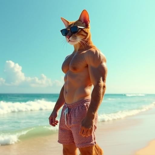 Photorealistic anthropomorphic cat depicted as a muscular figure stands on a sandy beach. Cat wears stylish sunglasses and swim trunks. Fur is detailed and realistic. Surrounding features include a bright sunny day and an ocean view. The image captures a side profile of the character.