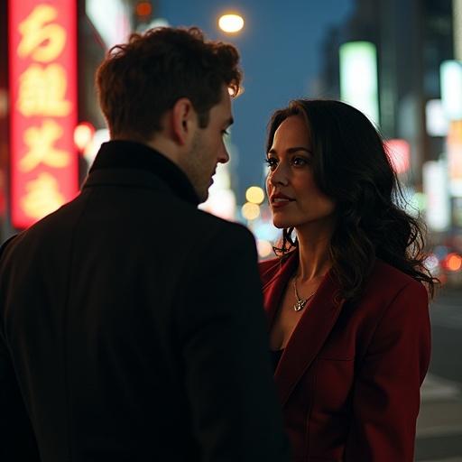 A scene depicting two vampire hunters engaging in a conversation in a bustling Tokyo street at night. Neon lights illuminate the background, creating a dramatic atmosphere.