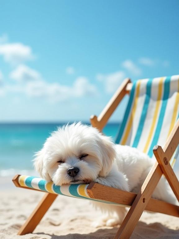 Small white dog lounging on a beach chair by the seaside. The dog is fluffy, well-groomed, eyes closed, resting its head on a beach chair. The chair is striped blue and yellow with a natural wood frame. Sandy beach and ocean in the background with clear blue sky and clouds create a relaxed scene.