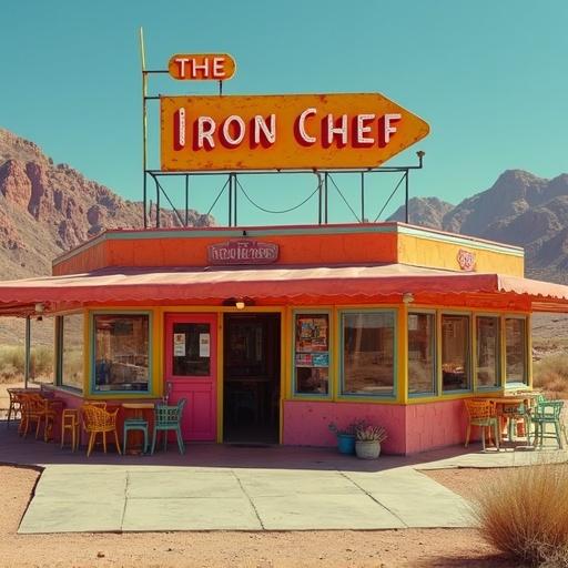 A colorful cantina-style restaurant features a sign reading 'THE IRON CHEF'. The restaurant is set in a desert landscape with unique mountains in the background. The scene is bright and inviting.
