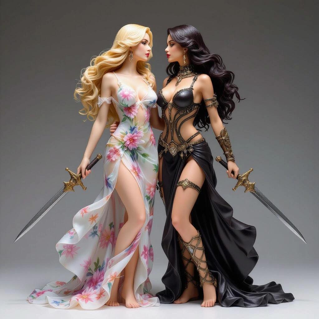 Ultra-detailed hypersexualized resin sculpture of dual goddesses. Two majestic twin women close together. One has golden hair and floral dress. The other has dark hair and body-hugging armor. Both wield swords. Energetic bond on arms. Base includes mirror symbolizing twins. Elegant and magical style with balanced poses.