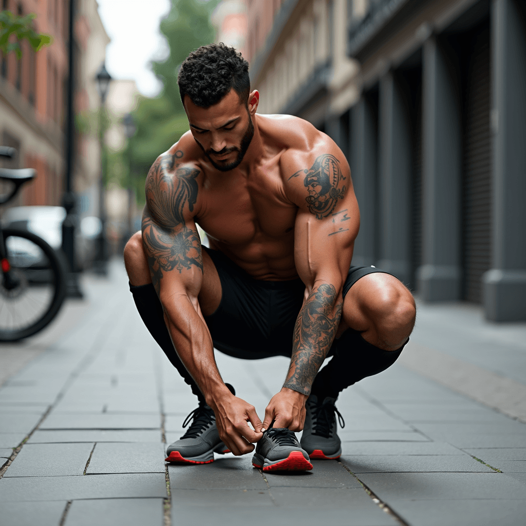 A muscular, tattooed man crouches on a city street, focused on tying the laces of his running shoes.