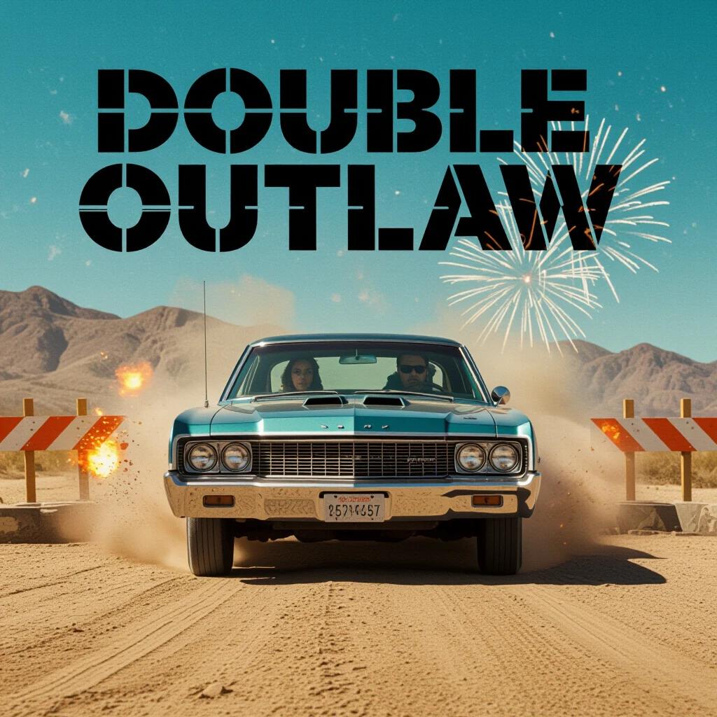 Title DOUBLE OUTLAW in Dual-impact stencil. Classic getaway car speeding through barricades in a desert landscape. Explosive fireworks creating a dramatic backdrop. Ryan Gosling and Janelle Monáe are featured in the car driving.