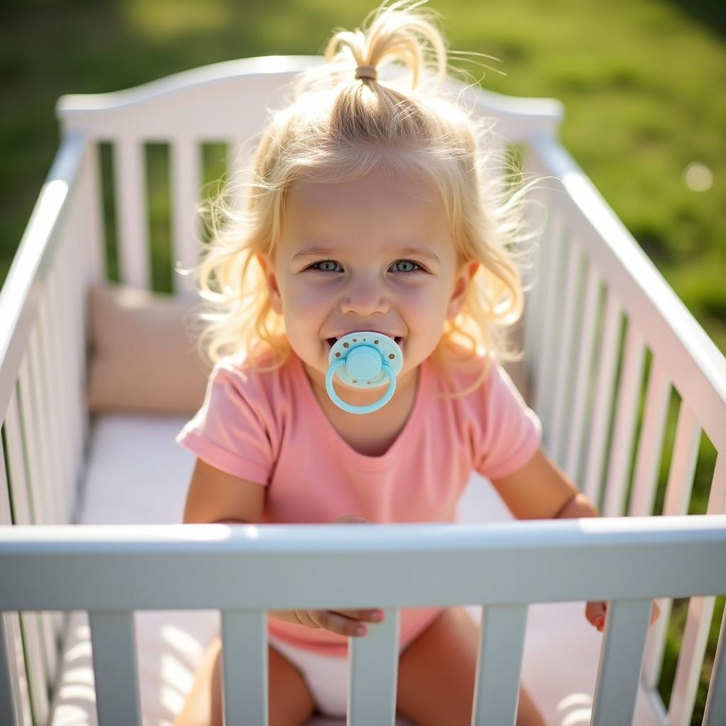 A cute baby sits in a crib with a pacifier. The baby has blonde hair and wears a pink t-shirt and a diaper. The lighting is soft and natural. The ambiance is cozy and warm. The image captures a joyful moment. The setting is outdoors with bright sunlight.