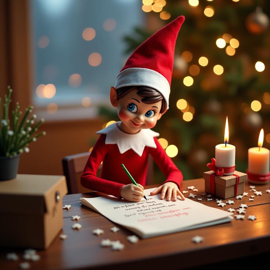 Whimsical elf in Christmas setting writing a holiday message. Warm lighting with Christmas tree in background. Joyful atmosphere and festive details.