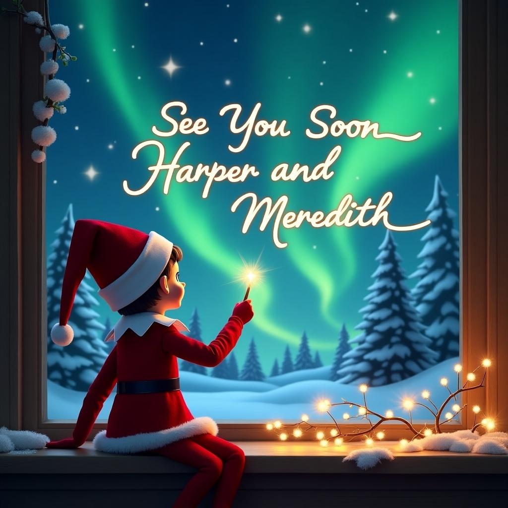 An enchanted Christmas scene features an elf on the shelf with his back turned, gazing up at the sky. He uses a magic wand to elegantly write in the air. The backdrop showcases captivating northern lights dancing above a snowy landscape. The elf is engaging and magical, making the image feel whimsical and festive. Above, in the sky, the words 'See You Soon Harper and Meredith' appear gracefully written, enhancing the holiday spirit. This picturesque view captures the essence of Christmas wonder and joy.