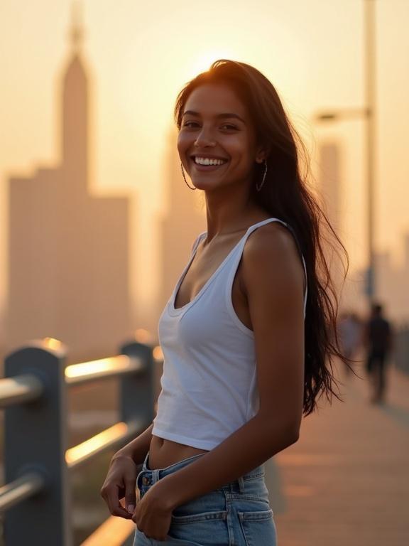 A modern North Indian woman in Mumbai during golden hour. Standing on a bridge wearing a white top with jeans. Slim figure and black hair. Happy expression with skyscrapers in the background.