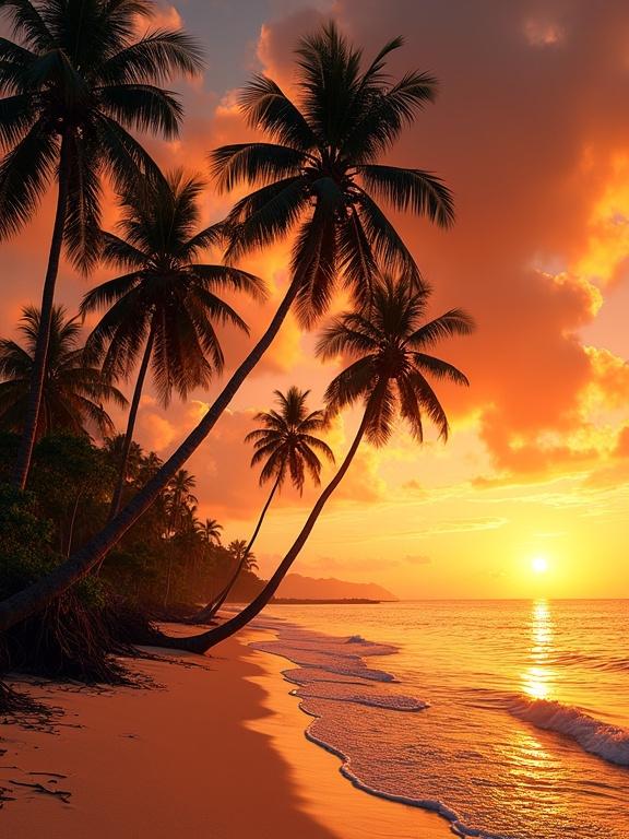 Breathtaking tropical beach scene at sunset with palm trees silhouetted against a fiery sky. Smooth golden sand curves along calm waters reflecting sunset colors. Atmospheric mood evokes tranquility and awe, likely in a tropical region.