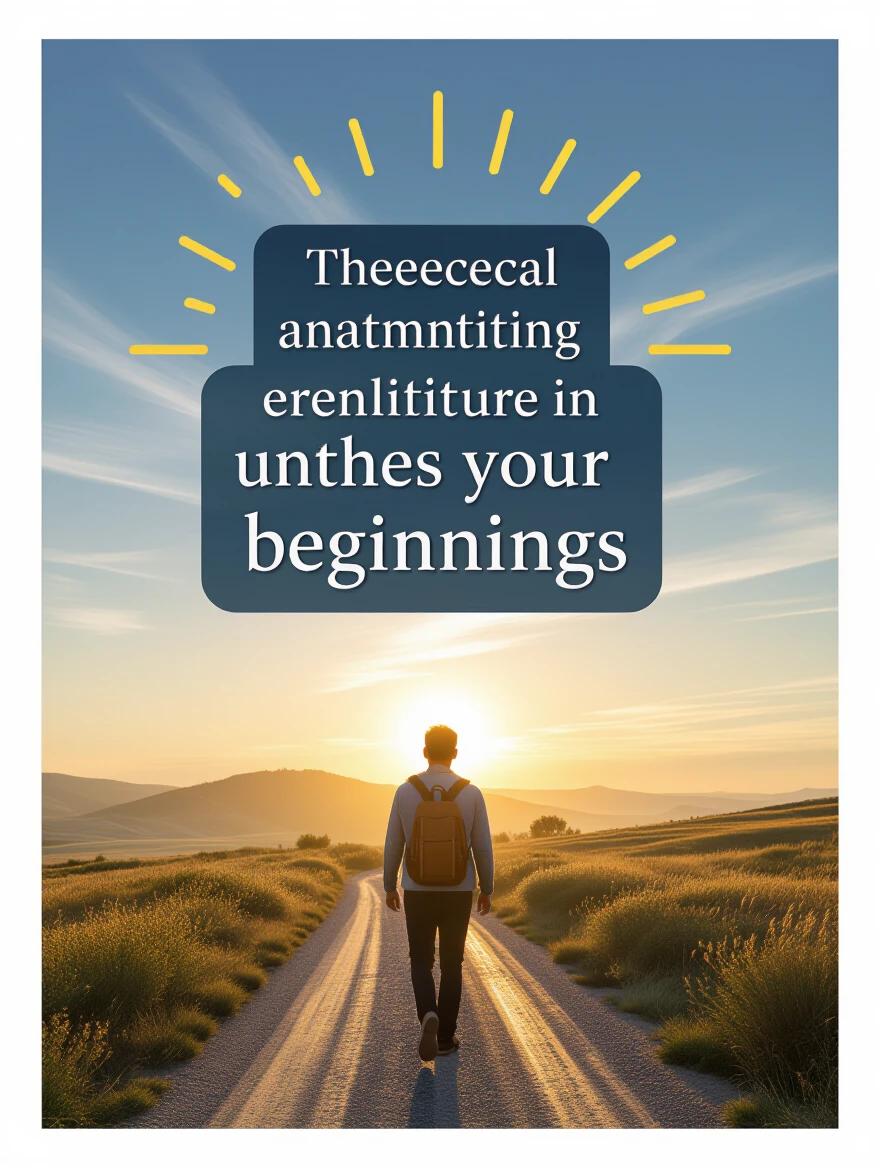 A person walks confidently down a path. The sun rises in the background. The landscape is open and inviting. The person carries a small backpack. The sky glows warmly. The mood is uplifting and focused.