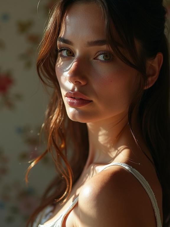 Portrait of a woman with soft lighting and a gentle expression. Focus on natural features and beauty. Close-up side profile shot. Warm colors and soft shadows enhance her complexion.