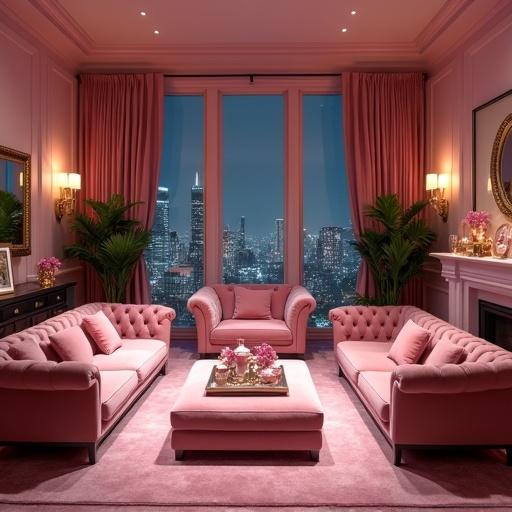 A close up of a living room with a theatrical aesthetic. It features a strong monochromatic theme with shades of pink and mauve. Rich pink tones dominate walls, carpet, curtains, and furniture. Gold accents and green plants add contrast. Classic furniture includes three plush sofas and an ottoman coffee table with a tea set. Ambient lighting creates a cozy yet formal ambiance. Decor includes plants, framed artwork, and a fireplace. Large windows reveal a nighttime city skyline, enhancing the upscale feel. Overall, it's meticulously curated with symmetry and color saturation.