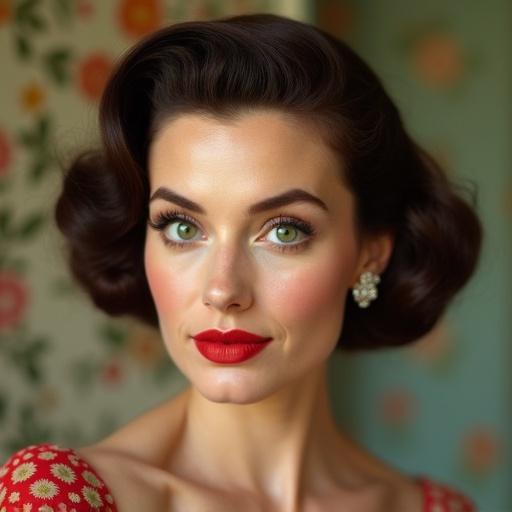 Charming beautiful 40 years old housewife with face wrinkles. 1950's classic hairstyle and shy expression. Slightly smiling with closed mouth. Features beautiful green eyes, diamond hairrings, and big red lips. Slightly chubby and in a side view. Floral wallpaper background.