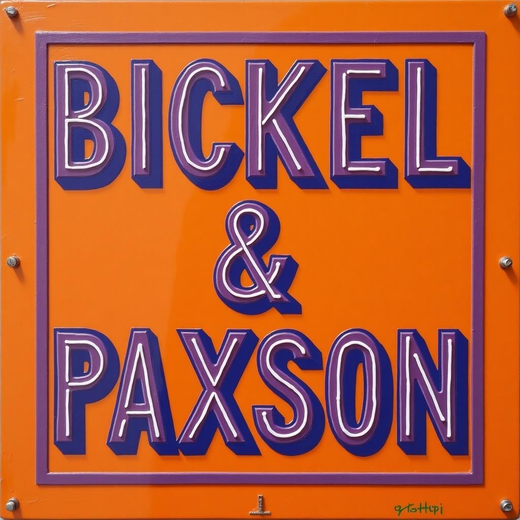 This image showcases a bright orange sign with bold purple text that reads 'BICKEL & PAXSON.' The letters are prominently displayed, giving a strong visual impact. The sign has a glossy finish, enhancing its vibrancy. This would be an attractive feature for any retail or business setting. The clear and legible design makes it suitable for easy visibility and recognition.