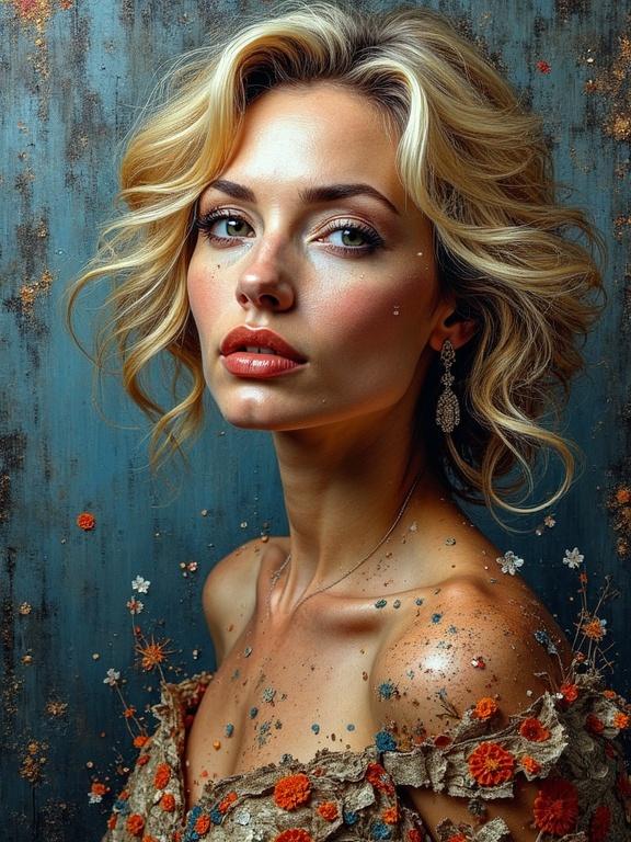 Artistic portrait of a woman with textured mixed media elements. Dark colors combined with floral details. Oil painting techniques. Captivating focus on features with intricate textures.