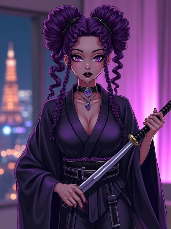 Teen girl character in a luxurious hotel suite holding a katana. She has amethyst purple eyes and a muscular physique. Wearing a galactic yakuza ninja kimono with diamond jewelry. Long curly braids and an evil grin. Nighttime with a modern Las Vegas backdrop. Elegant and fierce appearance.
