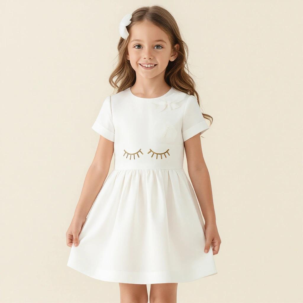 A girl in a white dress stands pose with a smile