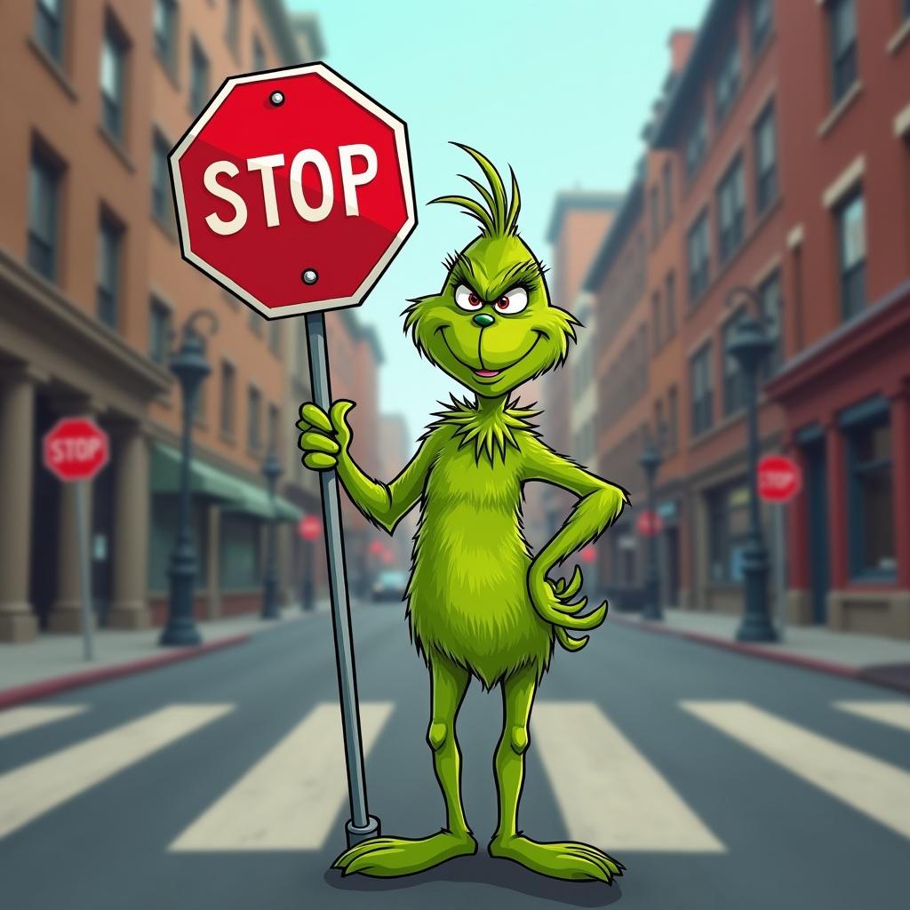 Cartoon Grinch character standing on an urban street. Grinch holds a stop sign. City buildings in the background.