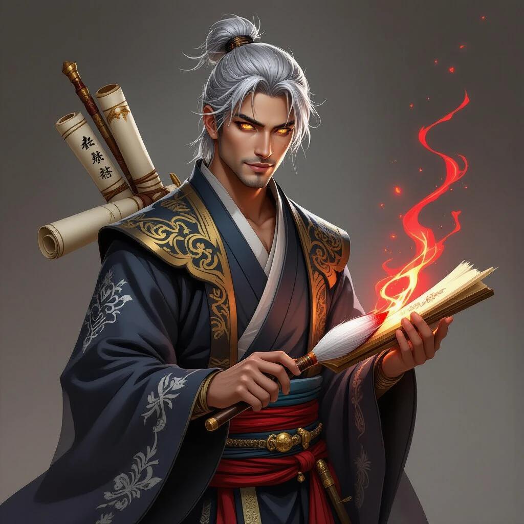 Human wizard in traditional Asian clothing. Grayish white hair and bright yellow eyes. Magic brush for casting spells. Confident posture radiating mysticism. Scrolls on back. Soft magical red aura around brush tip. Art style is fantasy and highly detailed.