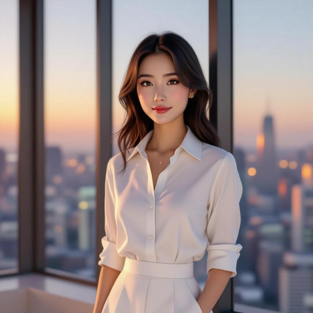 A 3D animation style modern minimalist office scene. Soft evening light with beautiful sunset visible through the window. A 25-year-old young Chinese woman named Lin Lin stands by the window with a subtle smile. She has a slim figure with fair skin and long black straight hair. She wears a cream-colored waistline shirt dress with a V-neck and natural open collar, revealing her collarbone. One hand holds a phone relaxed at her side. The focus is on her joyful expression while looking outside. Close-up shot with blurred background.
