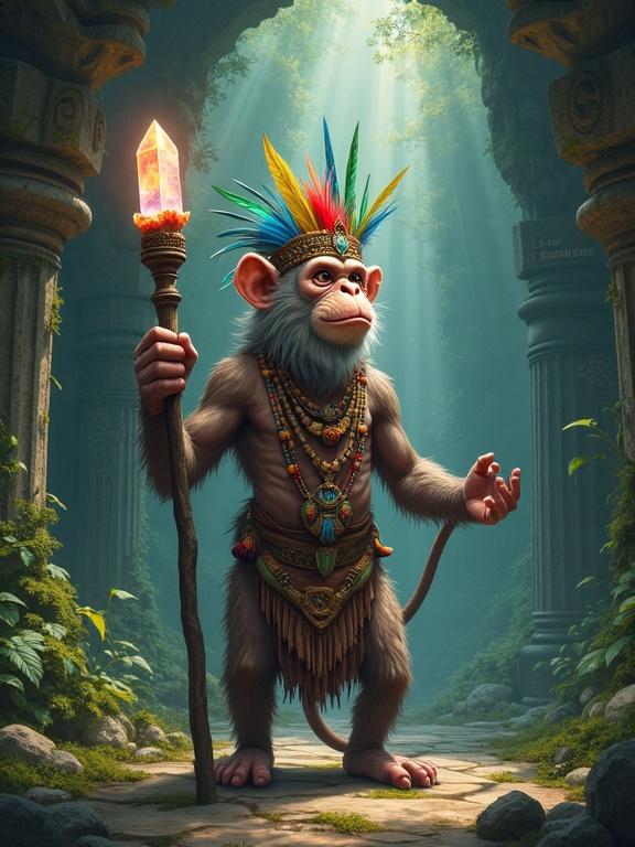 Digital illustration of wise monkey shaman in a vibrant headdress. Holding glowing staff in an ancient jungle temple. Surrounded by moss-covered stone carvings and crystals. Soft light filters through the canopy.