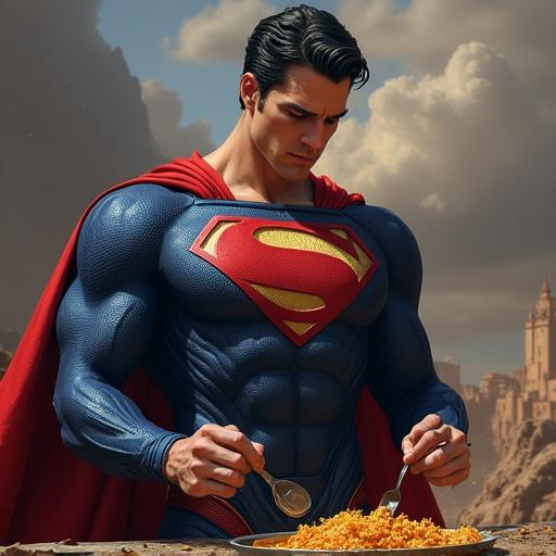 Superman character in vibrant colors, muscular physique, holding a bowl of food, set against an epic landscape with buildings in the background, bright lighting, dramatic perspective.