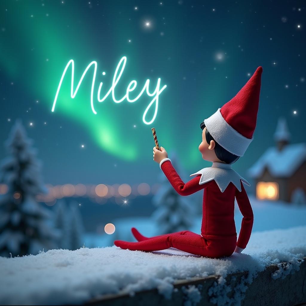 Elf on the shelf faces the sky. Uses a wand to write Miley. Magical Christmas scene with northern lights and Santa.